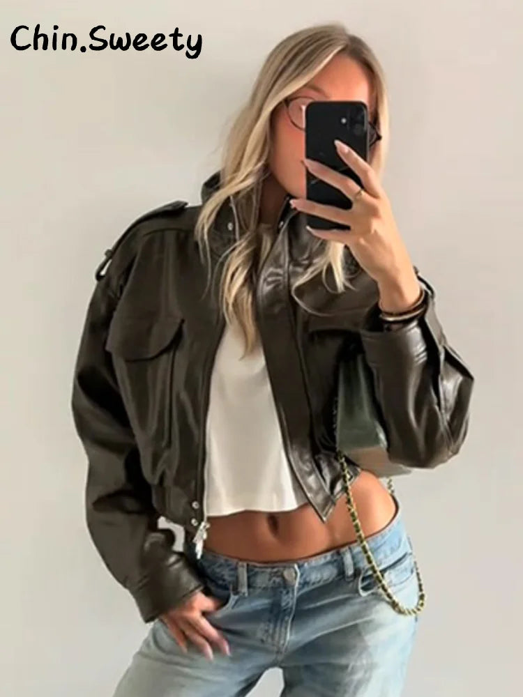 Damen Cropped Kunstleder Jacke Vintage Streetwear 2025 – Kurze High-Street Lederoptik Jacke mit Taschen & Reißverschluss, Herbst/Winter Outwear