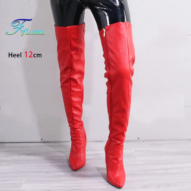 Damen Overknee Stiefel mit seitlichem Reißverschluss – Spitze Thigh-High Boots aus Lederoptik mit 12 cm Stiletto & Plateau (bis Größe 47)