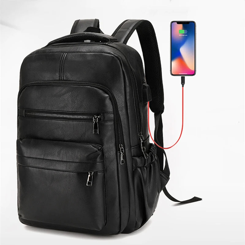 Herren Rucksack mit USB-Ladeanschluss – Großer PU-Leder Laptop-Rucksack für Schule, Freizeit & Teenager