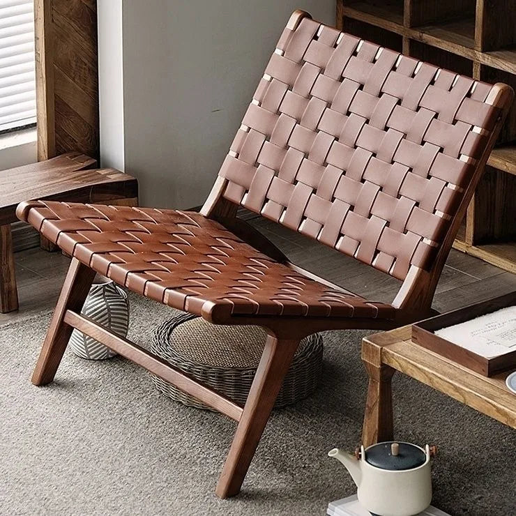 Sattel-Lounge Chair aus Eiche &amp; Rattan – Hochwertiger Freizeitstuhl mit Lederoptik für Balkon, Wohnzimmer &amp; Leisure Area