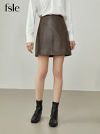 FSLE Damen Lederrock in Braun – Eleganter High-Waist Minirock im A-Line Schnitt, Office-Style Winterrock für stilvolle Business-Looks