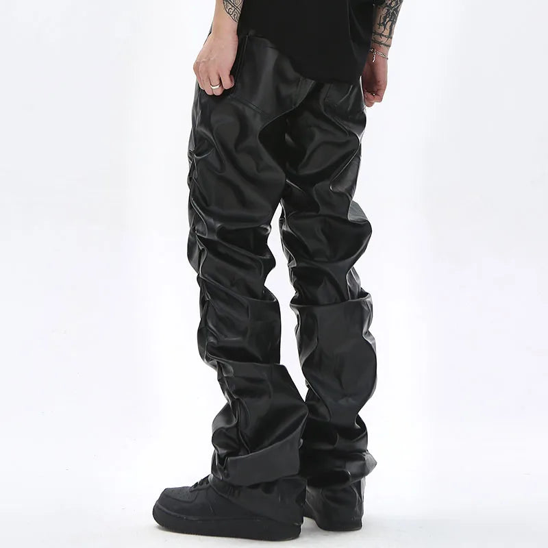 Herren PU Lederhose im Hip-Hop & Harajuku Style – Plissierte Streetwear Hose mit weitem Schnitt, schwarze Kunstlederhose für Alltag & High Street