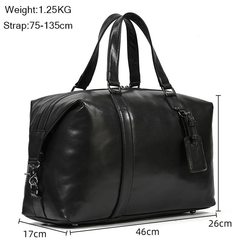 Newsbirds Premium Leder Reisetasche 50 cm – Weiche Cowhide Duffle Bag aus echtem Leder, schwarze Weekend- & Handgepäcktasche für Damen und Herren