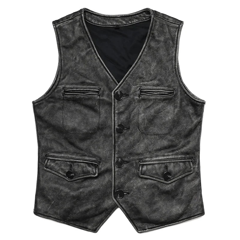 Chaleco vintage de piel auténtica de Gery para hombre, ropa de trabajo de piel de vaca natural, chaqueta ajustada sin mangas estilo safari. 
