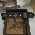 Gargantilla gótica multicapa estilo Maillard Y2K – Braune Kunstleder Halskette mit Nieten &amp; Kreuz Anhänger für Damen