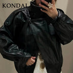 KONDALA Damen Kunstleder Mantel Herbst & Winter 2025 – Vintage Faux Leather Coat mit Reißverschluss, Umlegekragen & Epauletten, Streetwear Look
