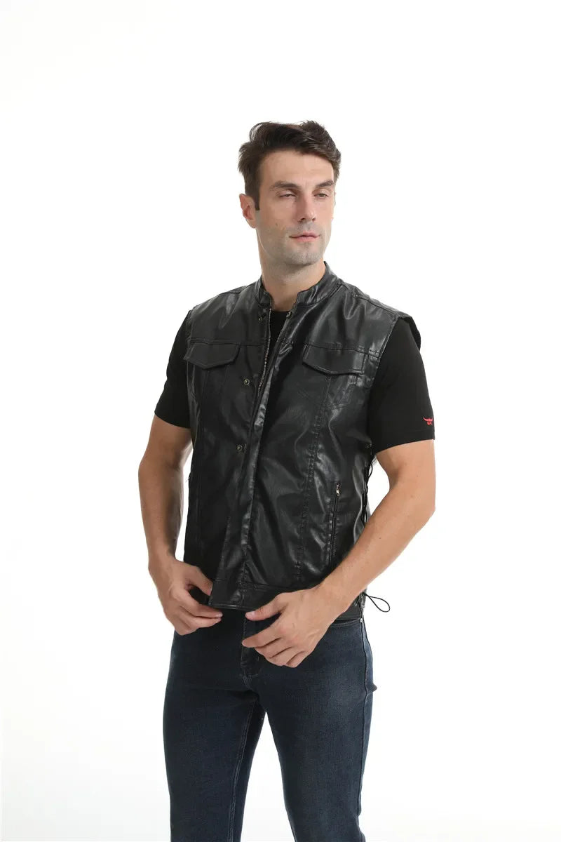 Herren Punk Lederweste Slim Fit – Ärmellose PU-Leder Weste mit Bandagen-Design, Club & Stage Wear für Männer von M bis 4XL