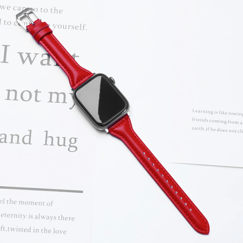 Schmales Lederarmband für Apple Watch – Elegantes Slim Leather Strap für Damen 38–45 mm & Ultra 49 mm mit Metallschließe