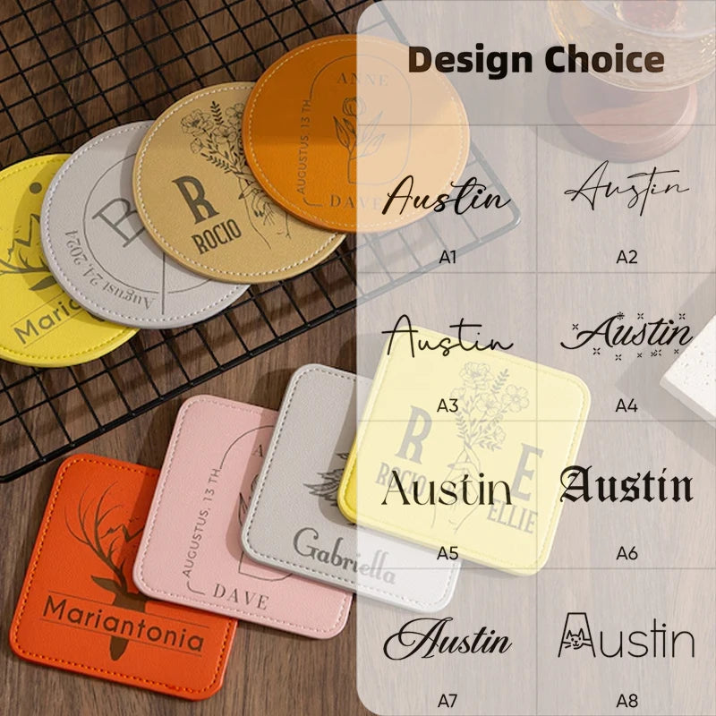 5er-Set personalisierte Getränkeuntersetzer aus PU-Leder – Runde, hitzebeständige Unterlagen Ø 11 cm mit Wunschdesign 