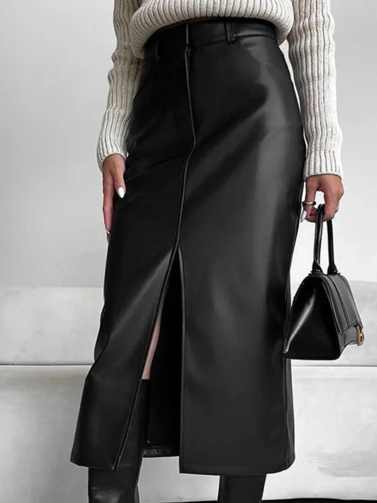 Damen PU Leder Midirock Schwarz – High Waist Rock mit Frontschlitz, eleganter Office- & Alltagsrock in Lederoptik für Herbst