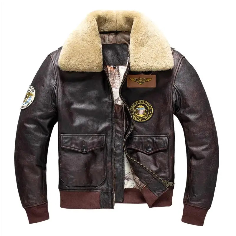 Herren G1 Fliegerlederjacke aus echtem Rindsleder – Braune Air-Force Pilotenjacke mit abnehmbarem Fellkragen, Winter Militärjacke bis 6XL