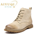 Damen Stiefeletten aus echtem Leder &amp; Wildleder – Britische Retro Ankle Boots mit Schnürung, Fellfutter &amp; niedrigem Blockabsatz (Herbst/Invierno 2025) 