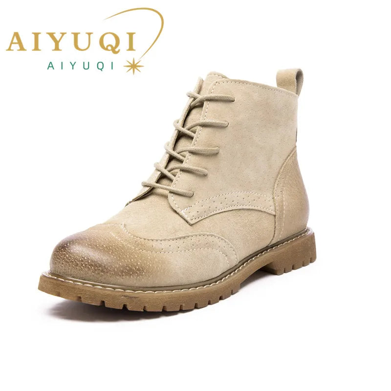 Damen Stiefeletten aus echtem Leder & Wildleder – Britische Retro Ankle Boots mit Schnürung, Fellfutter & niedrigem Blockabsatz (Herbst/Winter 2025)