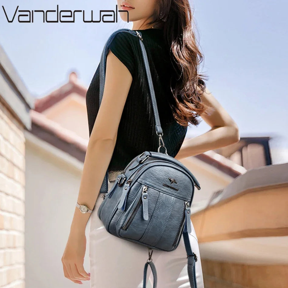 VANDERWAH 4-in-1 Damen Leder-Rucksack – Multifunktionale Schultertasche, kleiner Fashion Rucksack & Messenger Bag