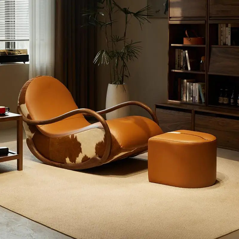 Minimalistischer Schaukelstuhl aus schwarzem Walnussholz mit Echtleder – Moderner Luxus-Relaxsessel für Wohnzimmer, Balkon & Schlafzimmer