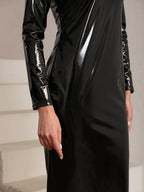 Zoom Zhou Damen PU Leder Kleid – Elegantes Bodycon Midikleid mit Stehkragen &amp; long Ärmeln, figurbetontes Faux-Leder Kleid in Schwarz 