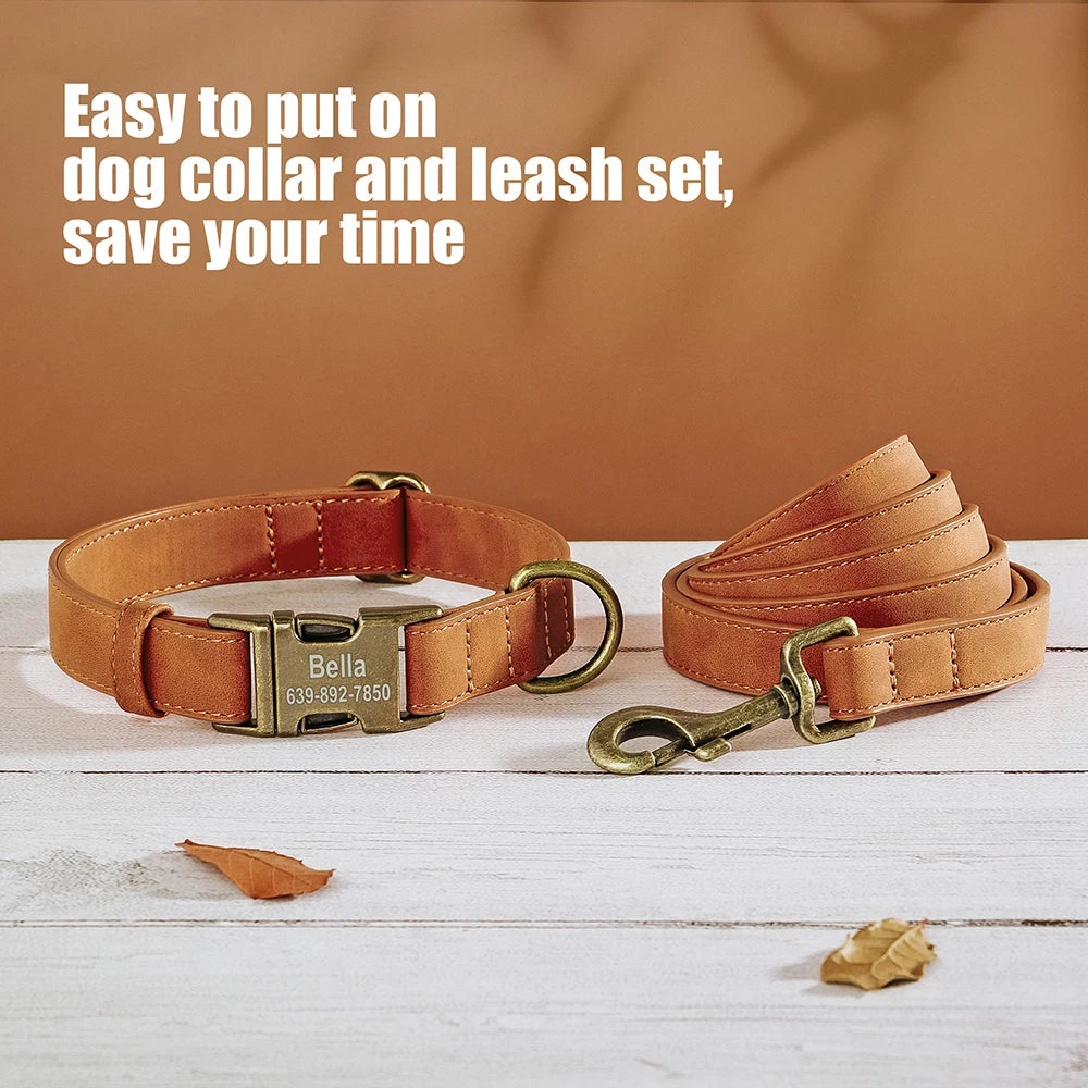 Personalisiertes Hunde-Halsband & Leinen-Set aus PU-Leder – Verstellbares Anti-Verlust Halsband mit gravierter Metallschnalle für kleine & mittelgroße Hunde