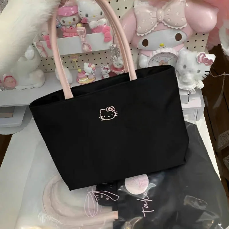 Sacs à provisions pour femmes avec autocollants Cartoon – Grand sac à provisions noir en nylon, doux et moderne