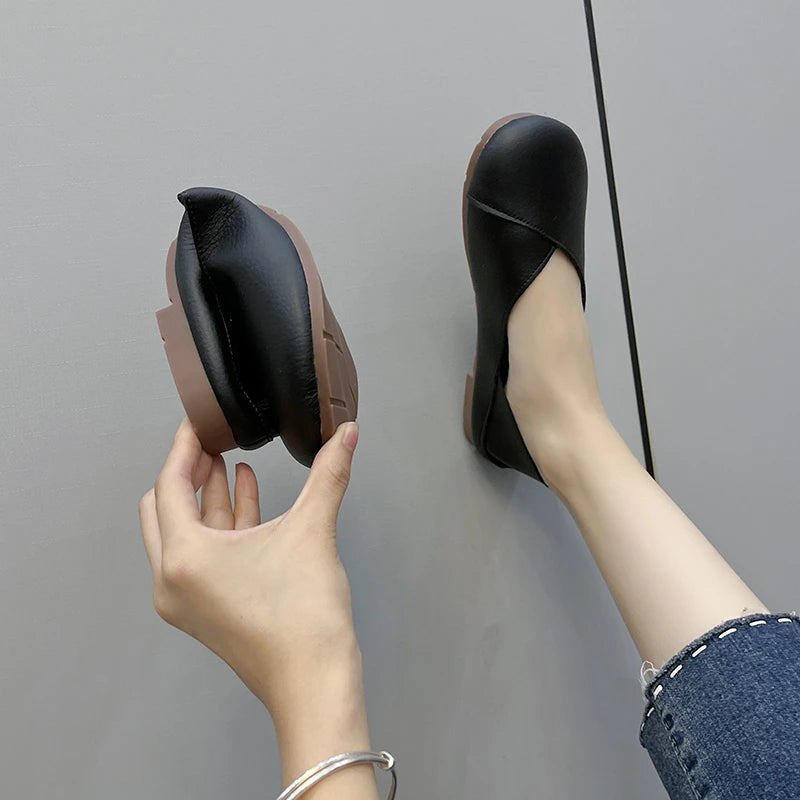 Damen Slip-On Leder Loafers – Frühling/Herbst Ballett-inspirierte Runde Zehen Flats, Bequeme Freizeitschuhe, Krankenschwester-Schuhe, Große Größen bis 43