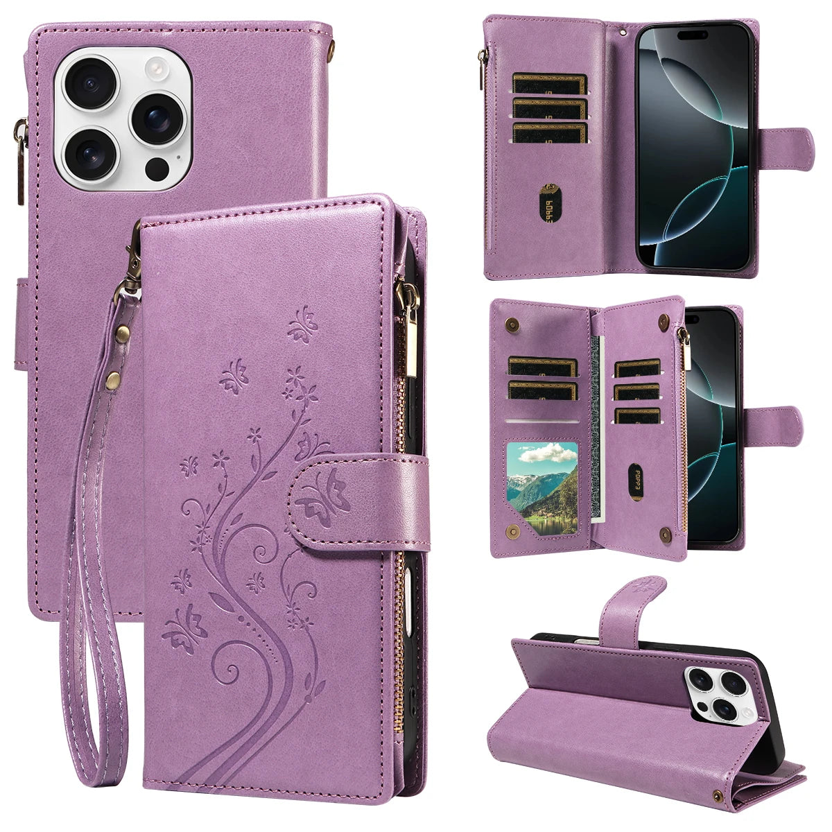 Multifunktionale Faux Leder Flip Wallet Hülle mit Reißverschluss für iPhone 11–16e – Kartenfach, Ständer & Rundumschutz