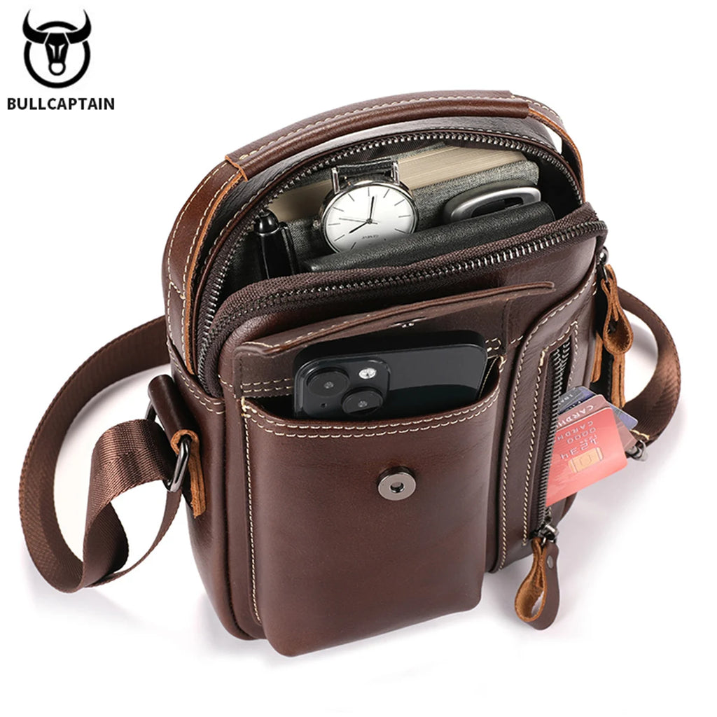 BULLCAPTAIN Herren Leder Messenger Bag – Casual Business Schultertasche für Smartphone & Essentials