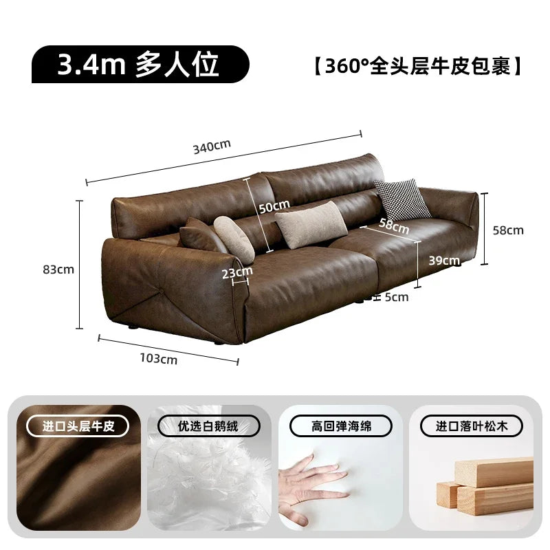 Luxuriöses Designer-Ledersofa im chinois-modernen Stil – Geschwungenes Wohnzimmer-Sofa aus Rindsleder, komfortables Relax-Canap for stilvolles Wohnen