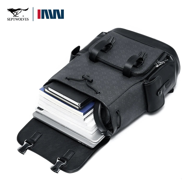 SEPTWOLVES Business Leder Rucksack Herren – Stylischer Monogramm Laptop Rucksack mit Klappe & Kordelzug für Arbeit & Pendeln