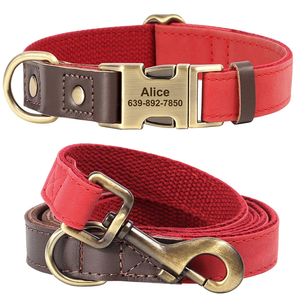 Hundehalsband- und Leinen-Set aus PU-Leder, 9 Farben, personalisiertes Namensschild, Haustierhalsband, Leine für kleine, mittlere und große Hunde