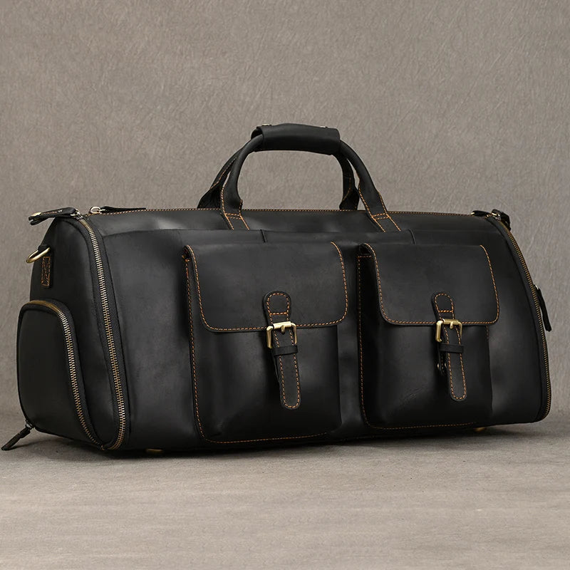 QINGWU Große Leder Reisetasche für Herren – Luxus Duffle &amp; Suit Bag aus echtem Rindsleder mit hartem Korpus 