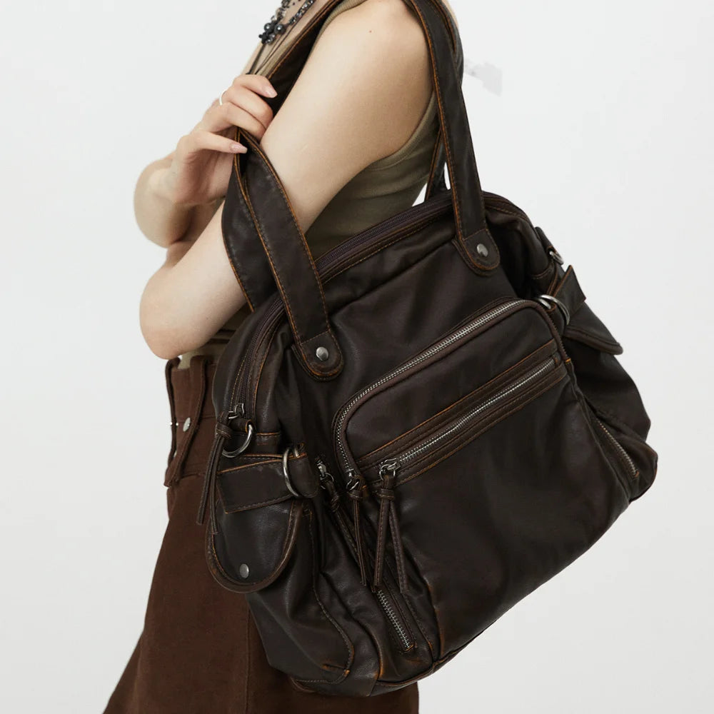 Sac fourre-tout rétro en cuir PU – Sac à main de style moto avec multi-tâches et gros sacs, sac à bandoulière Y2K Punk pour femme