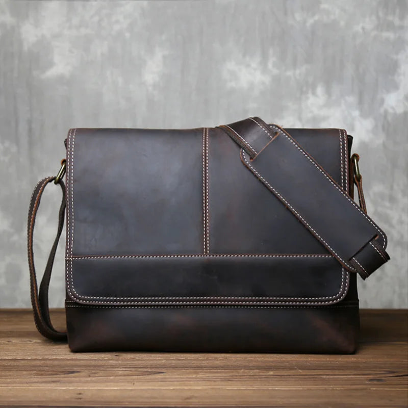 Retro Herren Rucksack aus echtem Crazy Horse Leder – Ein-Schulter Messenger Bag, horizontales Design, große Kapazität, Vintage-Stil