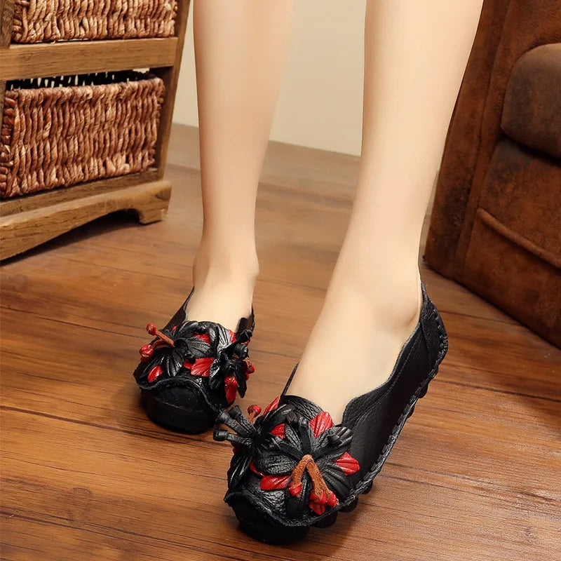 WOIZGIC Damen Flats BC-589 – Handgefertigte Ledermokassins mit Blumen, Mocassins à enfiler, Rétro et grande taille