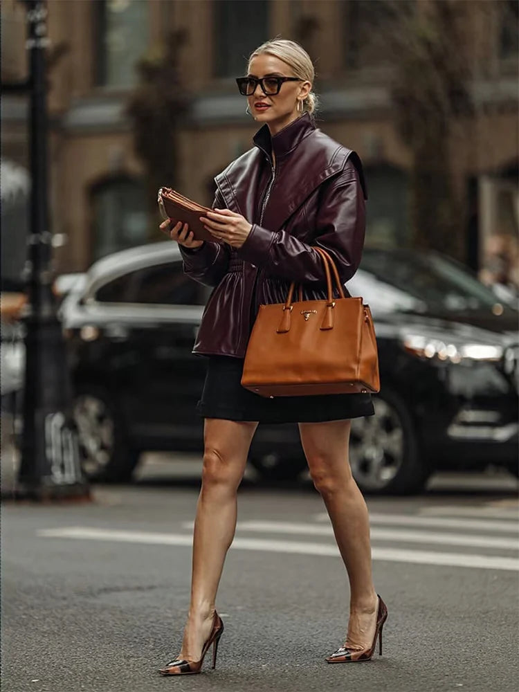 Damen PU Lederjacke Slim Fit – Vintage 2-in-1 Jacke mit Stehkragen, Reißverschluss & Puffärmeln für Herbst und Winter