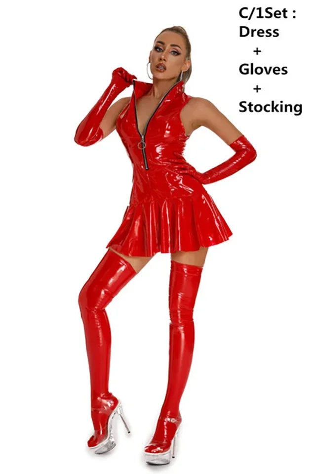 Dames Lederoptik Mini Kleid Plus Size – Glänzendes PVC Latex Look Kleid mit Stehkragen, figurbetontes Club- &amp; Party-Kleid (Set-Optionen) 