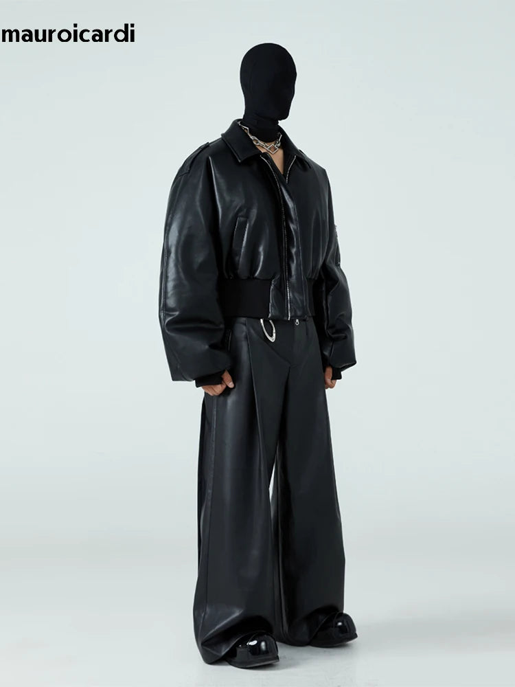 Mauroicardi Herren PU Lederjacke Schwarz – Kurze, Warme Designerjacke mit Baumwollfutter &amp; Reißverschluss für Herbst &amp; Winter