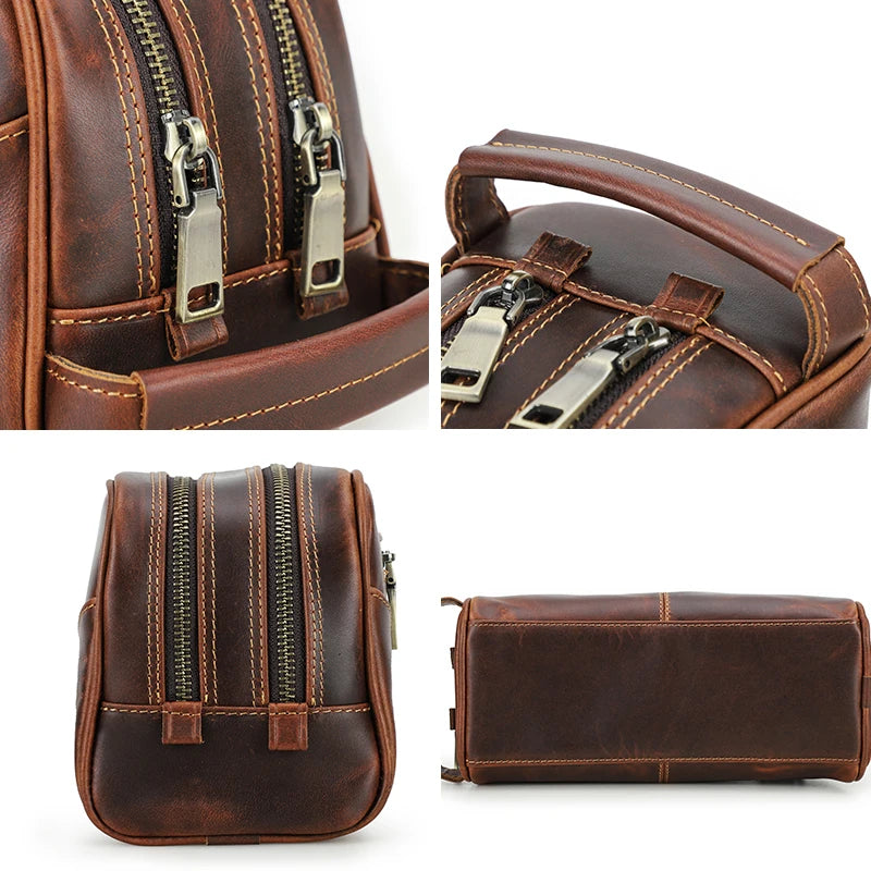 Crazy Horse Leder Kulturbeutel für Herren – Vintage Reisekosmetiktasche aus echtem Rindsleder mit mehreren Reißverschlussfächern