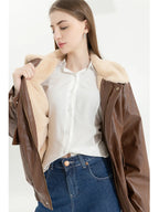 Veste d'hiver en cuir pour femme avec laine optique – Veste de moto chaude en PU avec revers, style motard vintage 