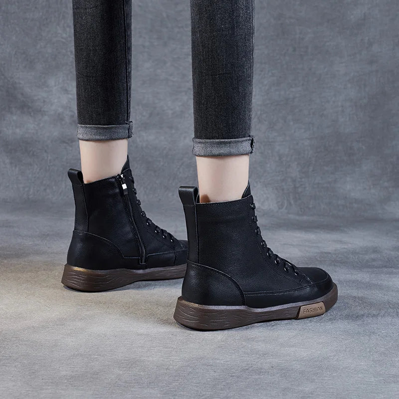 Bottines pour femmes en cuir véritable – Stiefeletten d'hiver faites à la main avec bottes, bottes et chaussures dans un style rétro-street