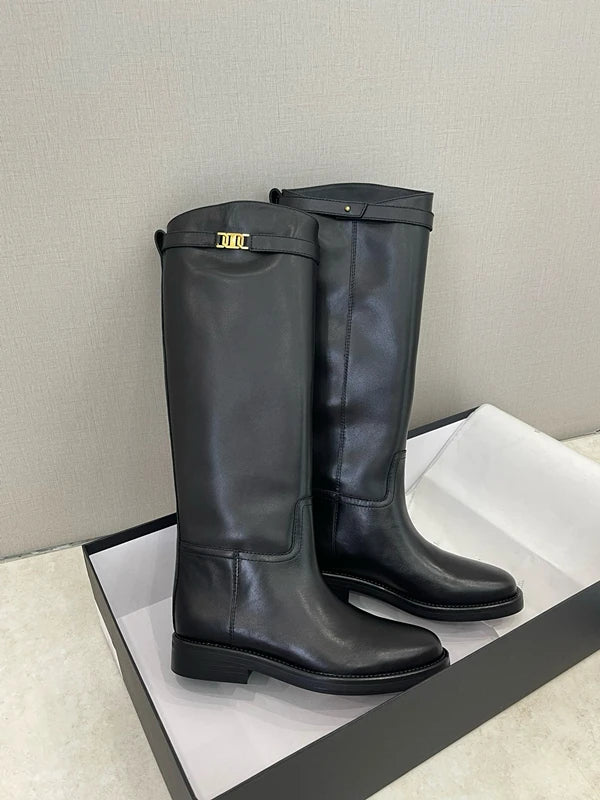 Damen Knight Boots aus echtem Rindsleder – Minimalistische Mid-Calf Lederstiefel mit weichem Schaft & komfortablem Absatz