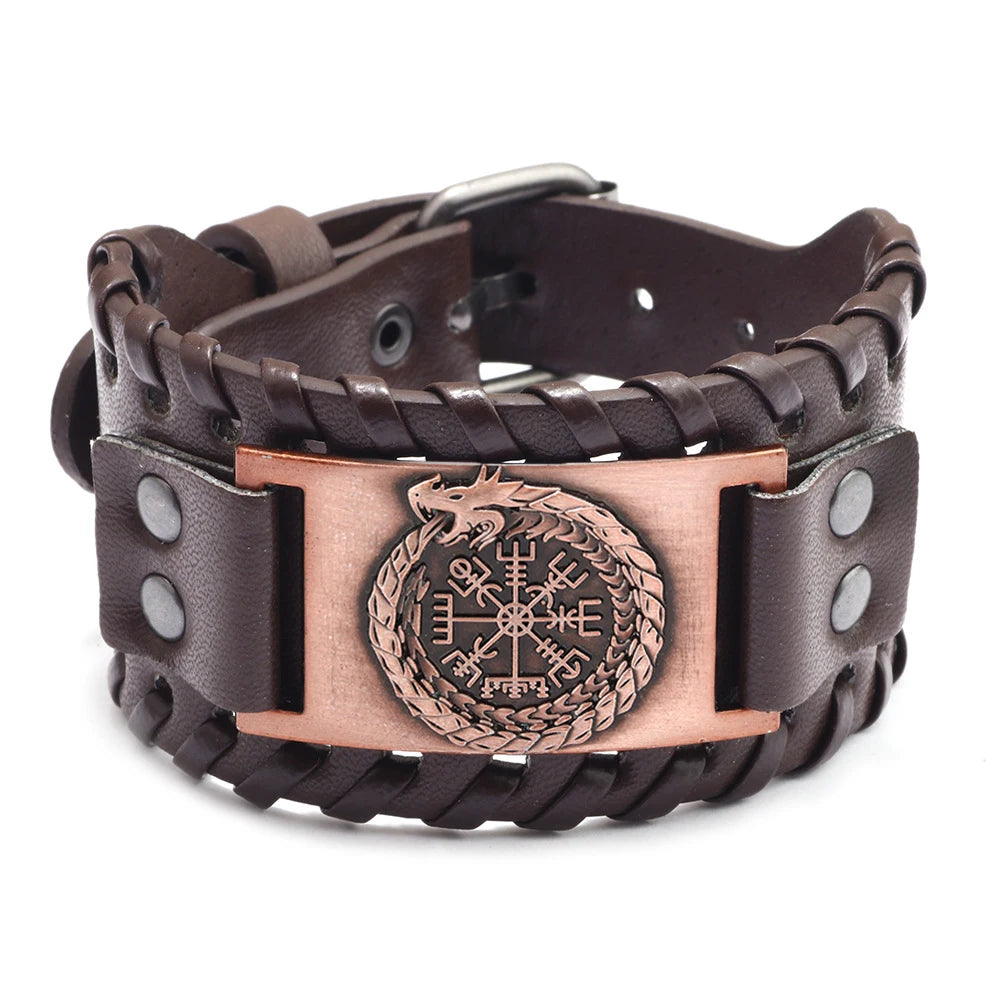 Totem Design Wide Leather Pirate Compass Bracelet Men's Bracelet Celtic Viking Jewelry Compass Bracelet Accessories Party Gifts