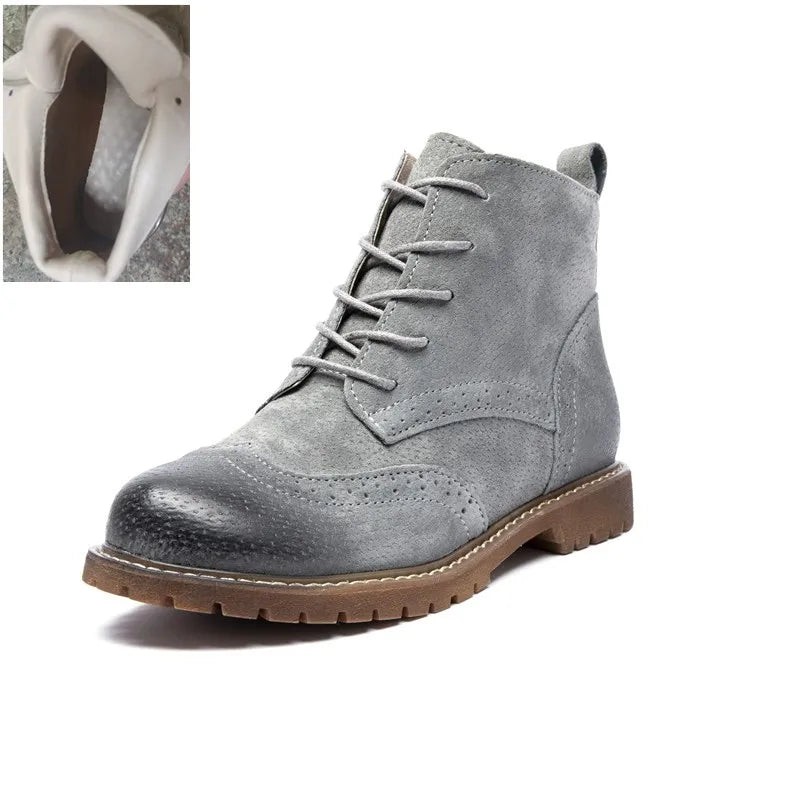 Damen Stiefeletten aus echtem Leder & Wildleder – Britische Retro Ankle Boots mit Schnürung, Fellfutter & niedrigem Blockabsatz (Herbst/Winter 2025)