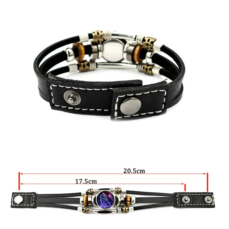 Sternzeichen Lederarmband mit Druckknopf – Zodiac Armband mit Glas-Cabochon für Damen & Herren, 12 Sternzeichen Unisex Schmuck