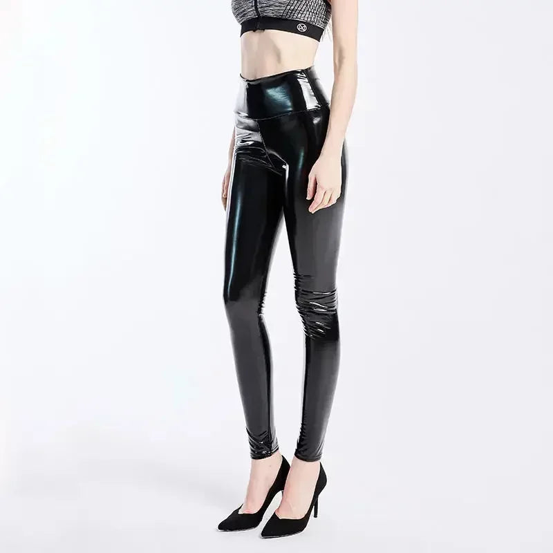 Leggings sexy en cuir PU brillant pour femme, fermeture éclair au dos, pour soirées en boîte, épais, noirs, push-up, taille haute, effet miroir. 