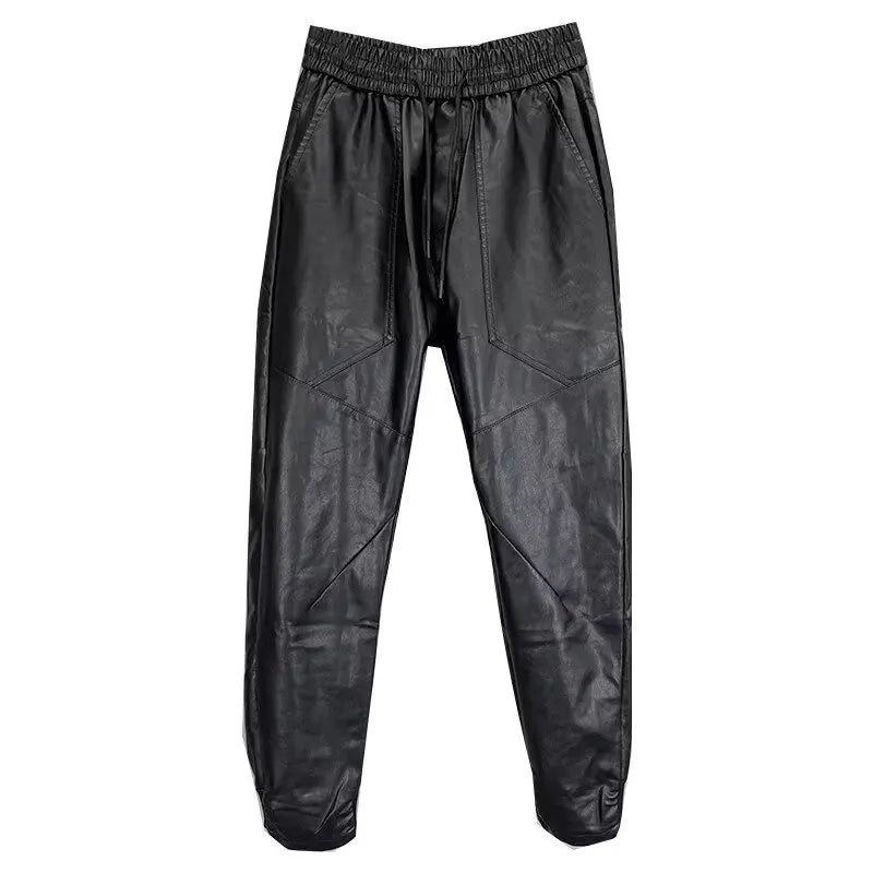 Herren PU Leder Jogginghose mit Kordelzug – Wasserabweisende Kunstleder Harem Pants, warme Casual Winterhose in Lederoptik