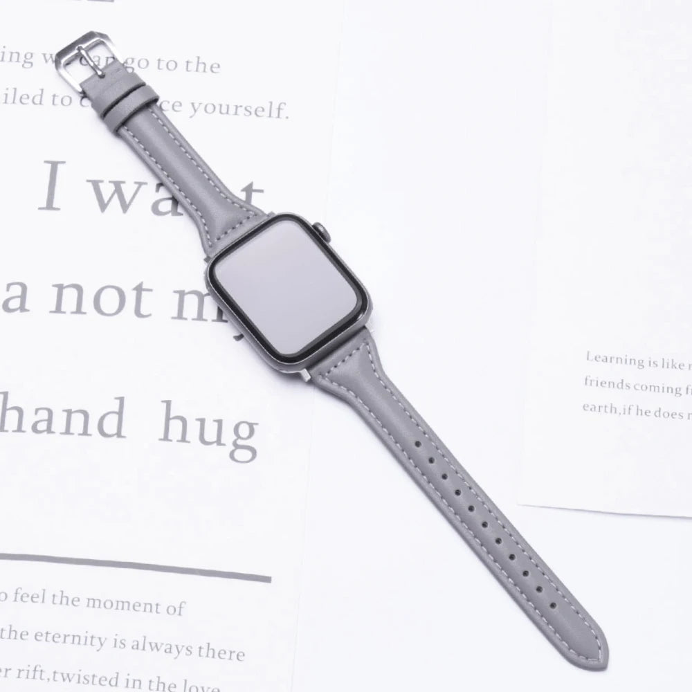 Schmales Lederarmband für Apple Watch – Elegantes Slim Leather Strap für Damen 38–45 mm & Ultra 49 mm mit Metallschließe