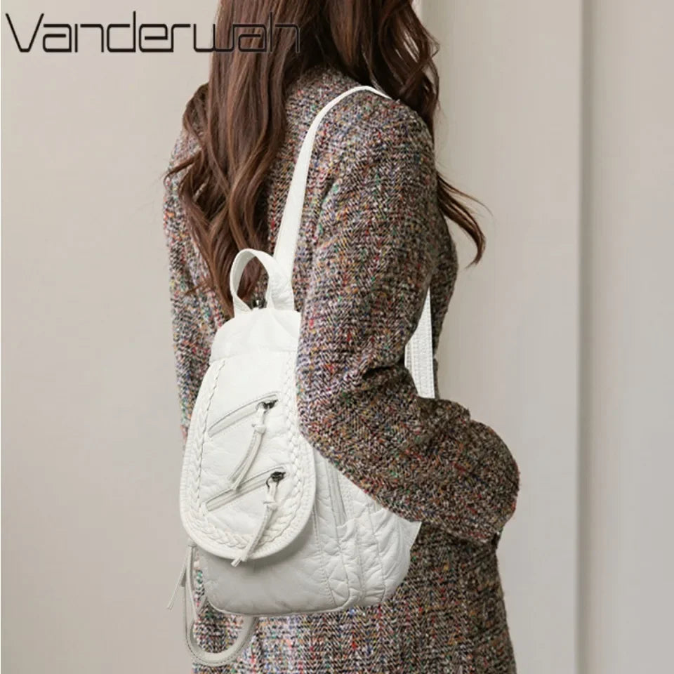 VANDERWAH Damen Rucksack Weiß – Kleiner PU Leder Rucksack mit mehreren Fächern, weich & vielseitig