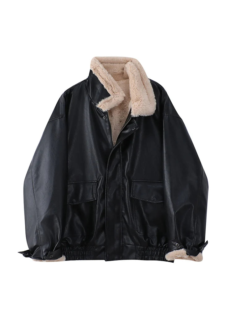 Veste d'hiver en cuir pour femme avec laine optique – Veste de moto chaude en PU avec revers, style motard vintage 