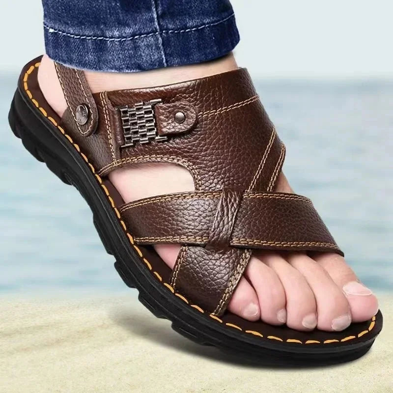Herren Sommer Leder Sandalen – Bequeme Slip-On Outdoor Schuhe mit rutschfester Sohle, Weiche Komfort-Sandalen für Strand & Freizeit