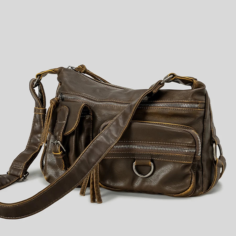 MR.YLLS Vintage Schultertasche für Damen – Bolso bandolera de cuero de PU con mehreren Fächern, Retro Y2K Motorrad-Tasche 2024