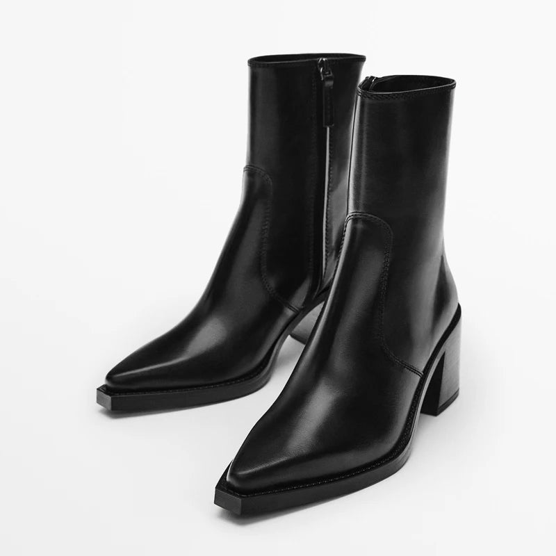 Elegante Damen Stiefeletten aus echtem Leder – Spitze Ankle Boots mit 6,5 cm Blockabsatz & Reißverschluss für Büro & Winter